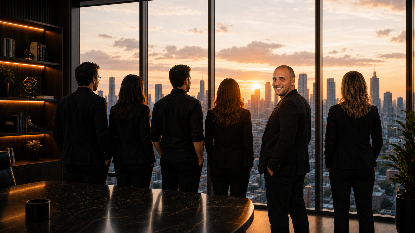 Il fondatore con la squadra di Sviluppatore Migliore davanti al panorama fuori dall’ufficio